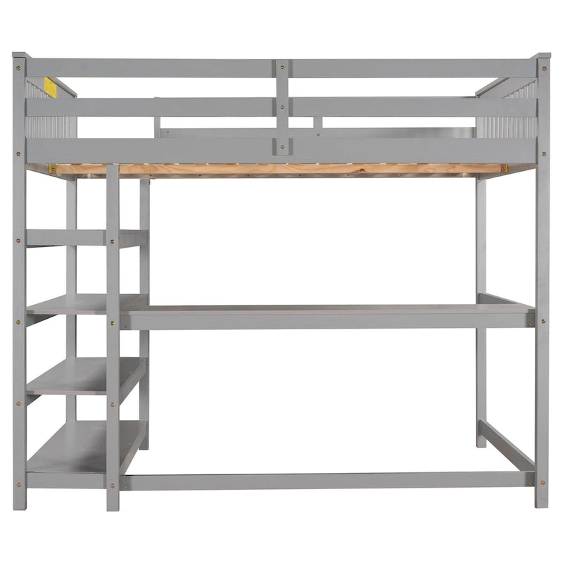 Gray Solid Wood Loft Bed with Integrated Desk, Storage Shelves, and Stable Guardrails