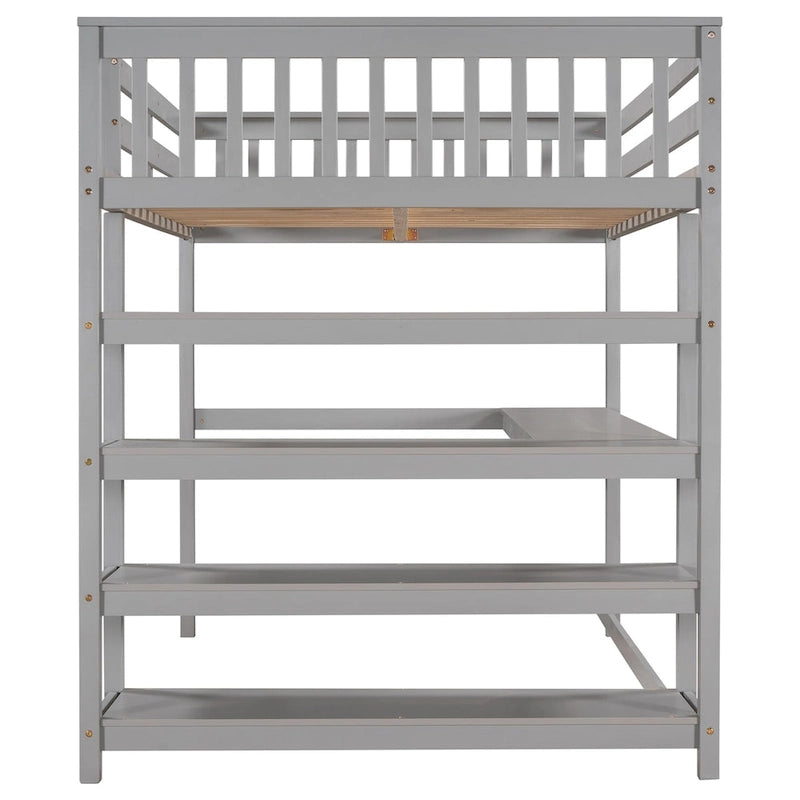 Gray Solid Wood Loft Bed with Integrated Desk, Storage Shelves, and Stable Guardrails