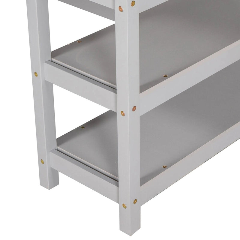 Gray Loft Bed with Storage Shelves and Under-Bed Desk