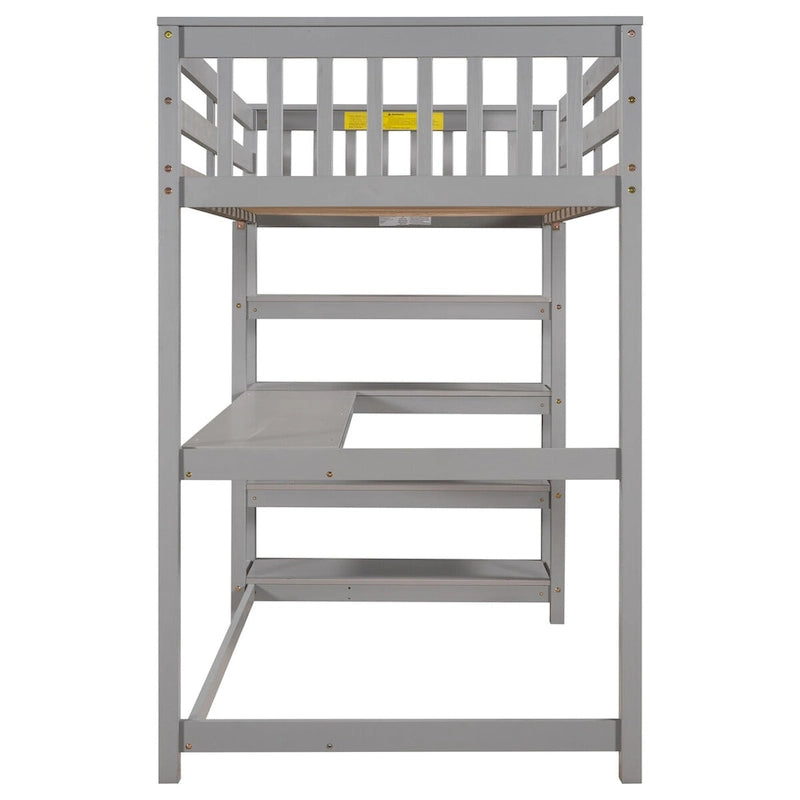 Gray Loft Bed with Storage Shelves and Under-Bed Desk