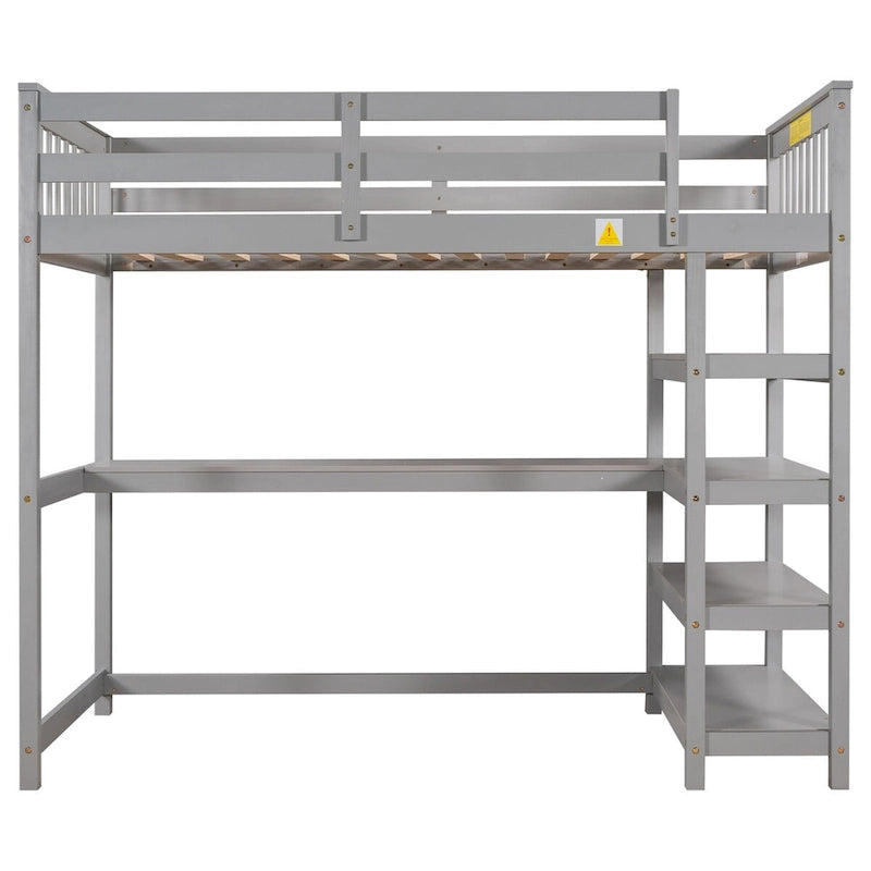 Gray Loft Bed with Storage Shelves and Under-Bed Desk
