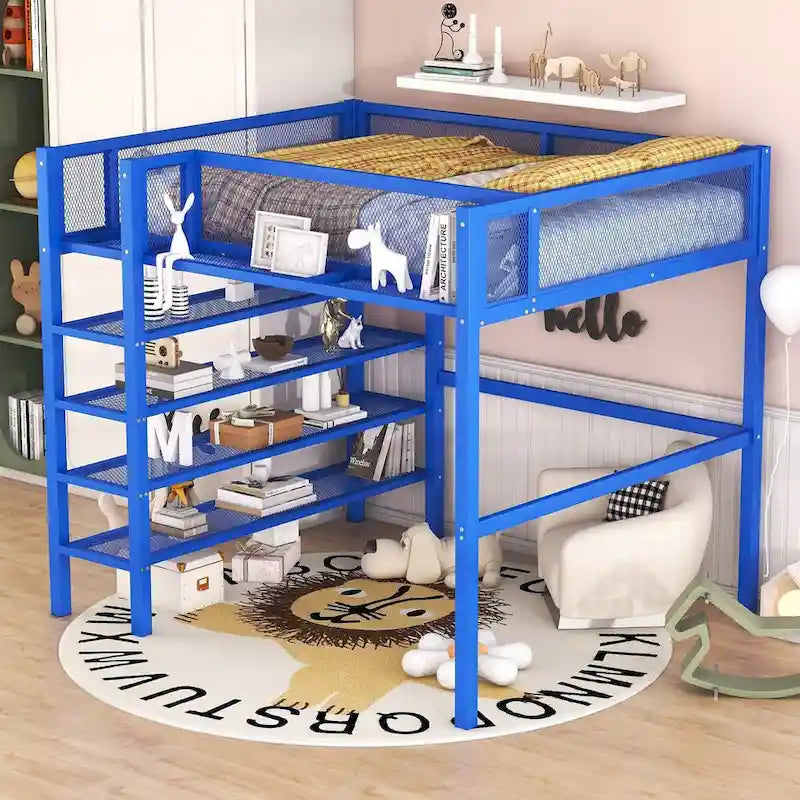 Full Size Metal Loft Bed with 4-Tier Shelves, Workstation, and Full-length Guardrail
