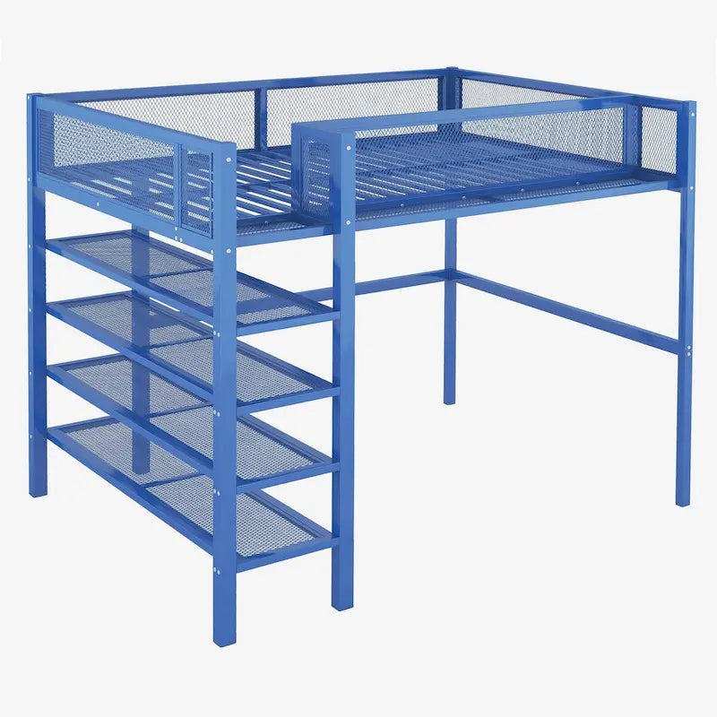 Full Size Metal Loft Bed with 4-Tier Shelves, Workstation, and Full-length Guardrail