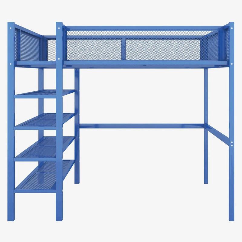 Full Size Metal Loft Bed with 4-Tier Shelves, Workstation, and Full-length Guardrail