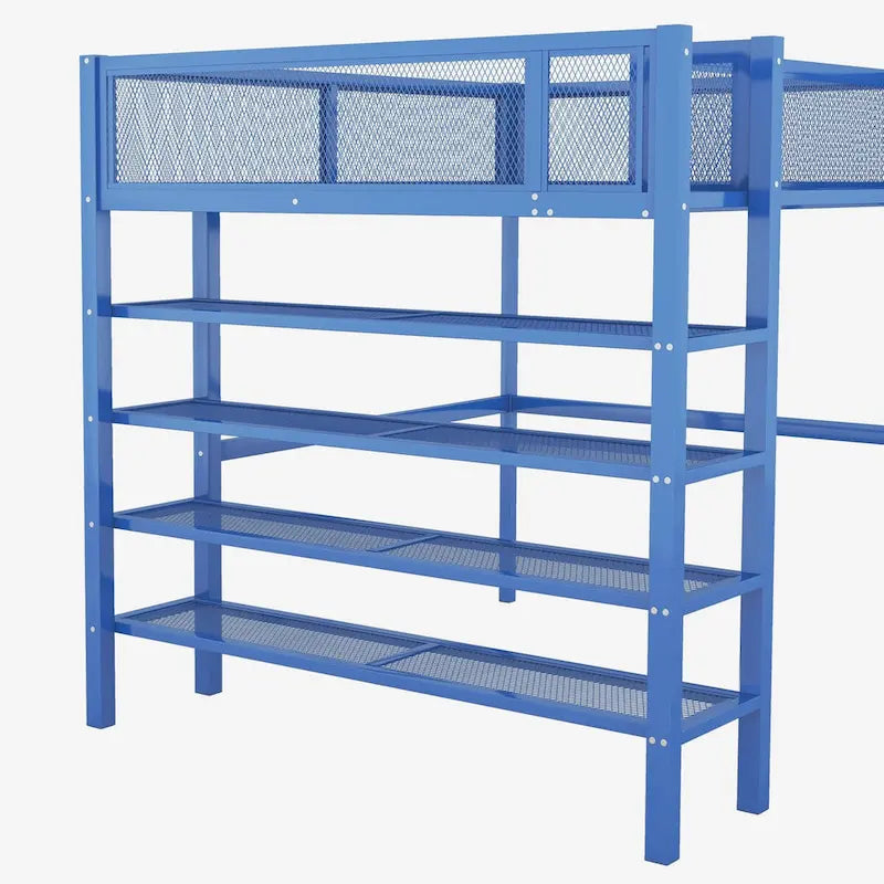 Full Size Metal Loft Bed with 4-Tier Shelves, Workstation, and Full-length Guardrail
