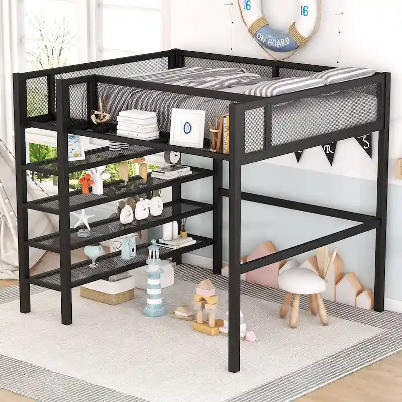 Full Size Metal Loft Bed with 4-Tier Shelves, Workstation, and Full-length Guardrail