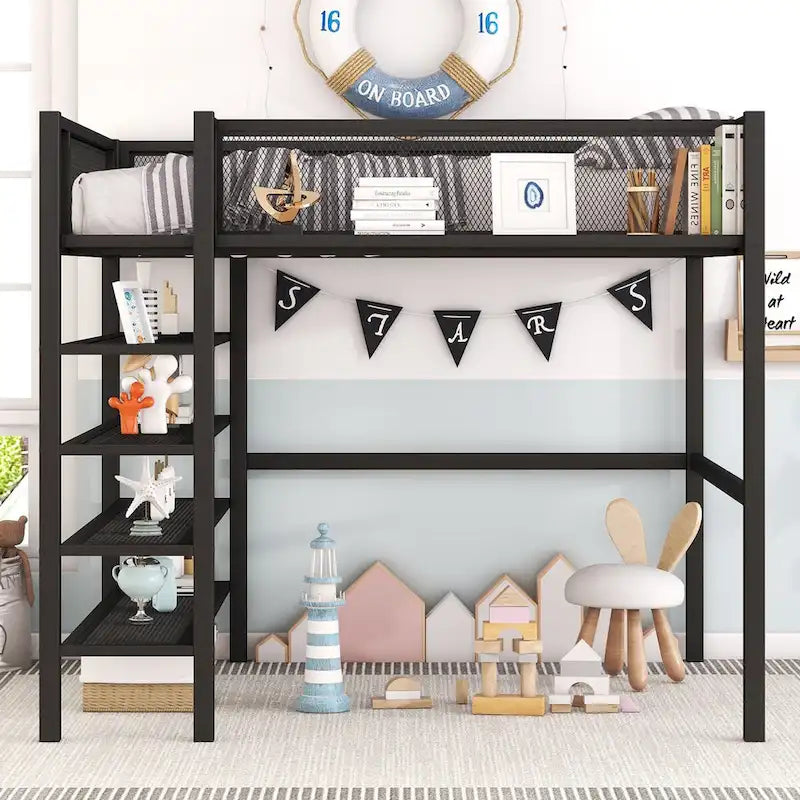 Full Size Metal Loft Bed with 4-Tier Shelves, Workstation, and Full-length Guardrail