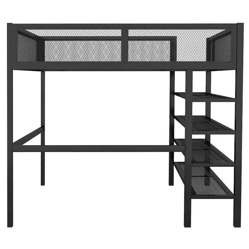 Full Size Metal Loft Bed with 4-Tier Shelves, Workstation, and Full-length Guardrail
