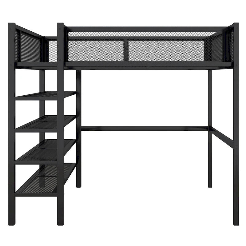 Full Size Metal Loft Bed with 4-Tier Shelves, Workstation, and Full-length Guardrail