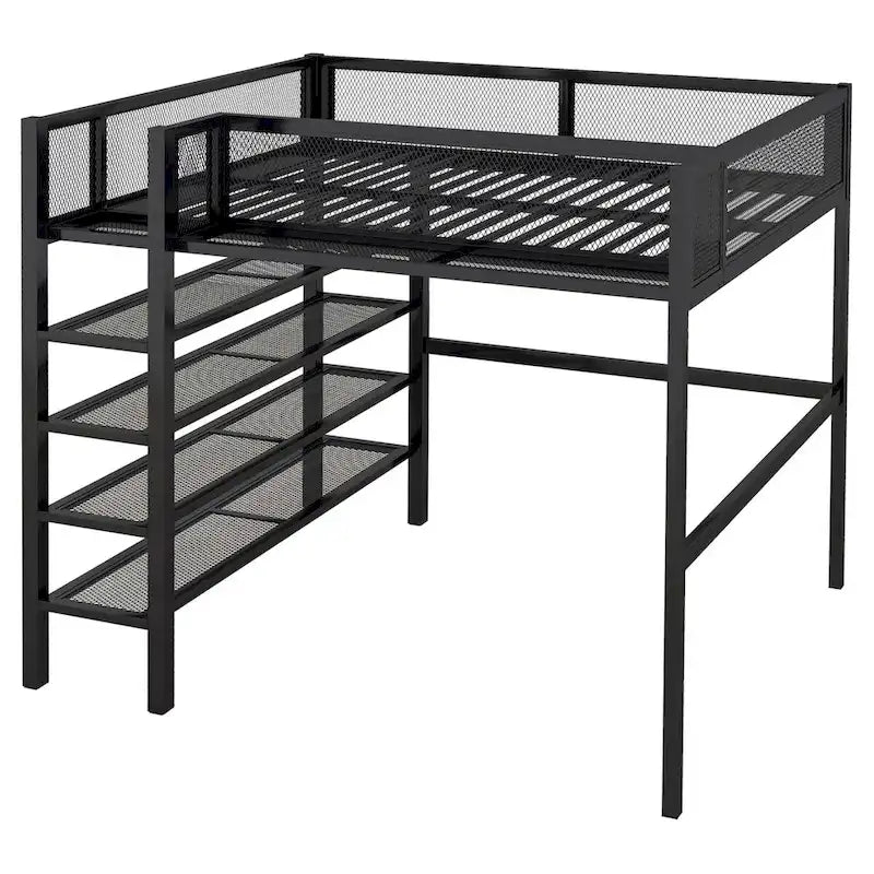 Full Size Metal Loft Bed with 4-Tier Shelves, Workstation, and Full-length Guardrail