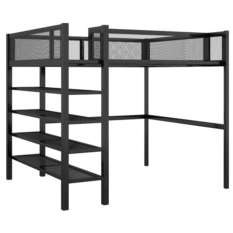 Full Size Metal Loft Bed with 4-Tier Shelves, Workstation, and Full-length Guardrail