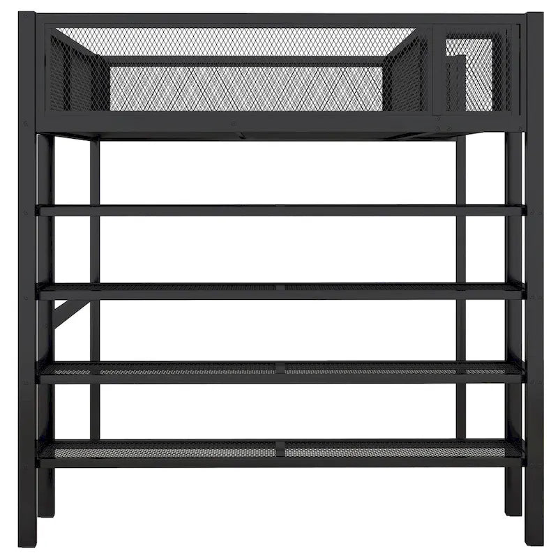 Full Size Metal Loft Bed with 4-Tier Shelves, Workstation, and Full-length Guardrail