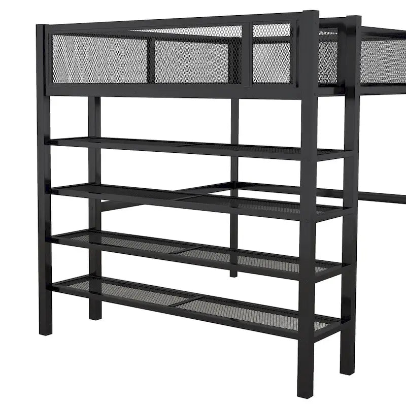Full Size Metal Loft Bed with 4-Tier Shelves, Workstation, and Full-length Guardrail