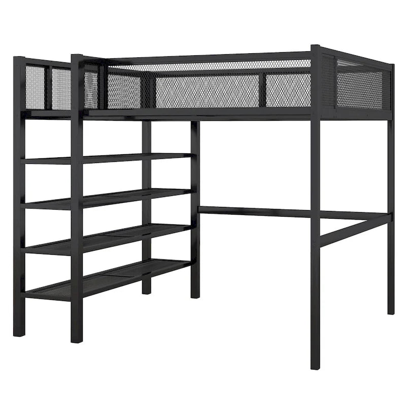 Full Size Metal Loft Bed with 4-Tier Shelves, Workstation, and Full-length Guardrail