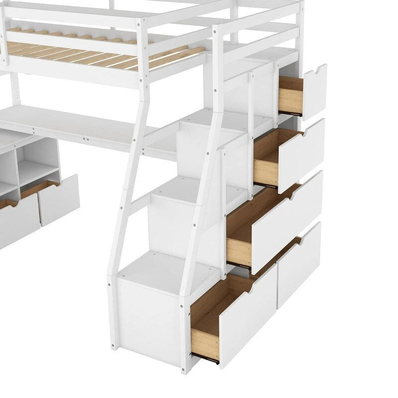 Twin Size Loft Bed with 7 Drawers 2 Shelves and Desk