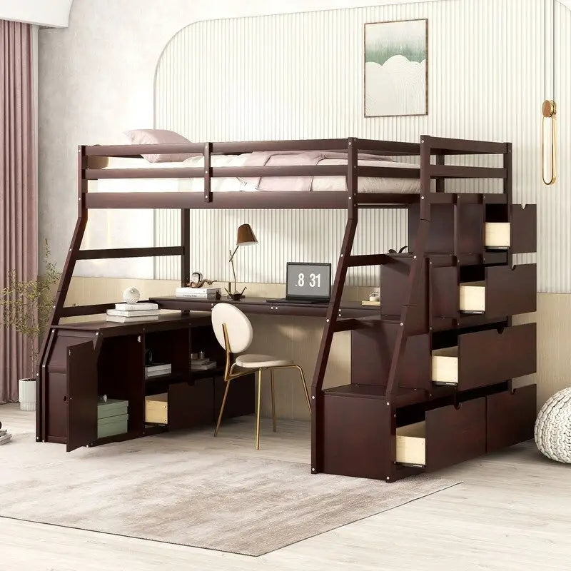 Twin Size Loft Bed with 7 Drawers 2 Shelves and Desk