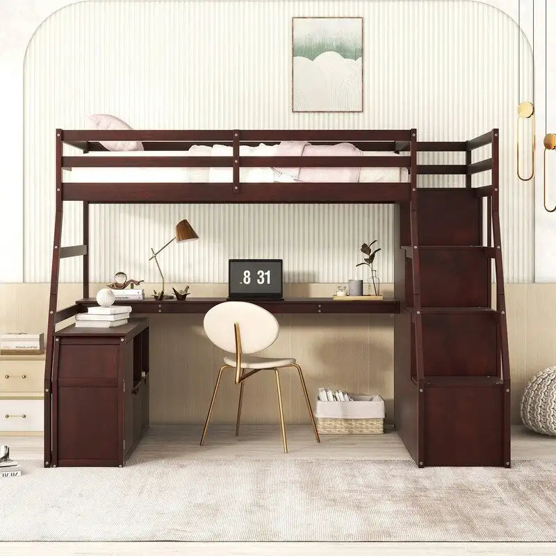 Twin Size Loft Bed with 7 Drawers 2 Shelves and Desk