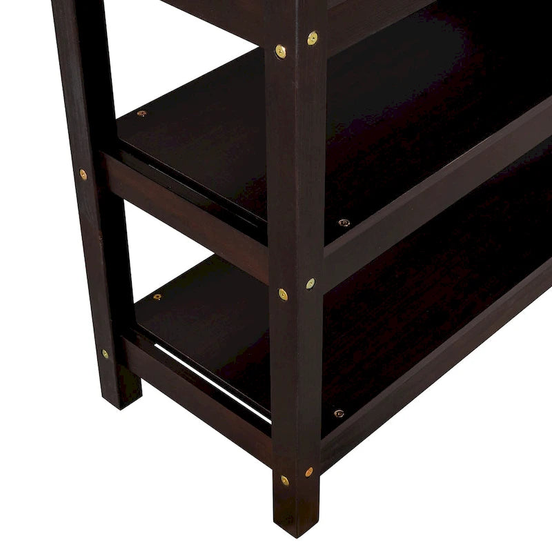 Espresso Solid Wood Loft Bed with Integrated Desk, Storage Shelves, and Stable Guardrails