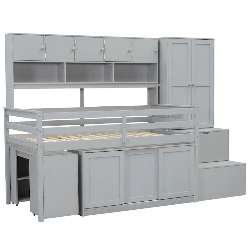 Twin Size Wood Loft Bed with Under-bed Desk and Drawers