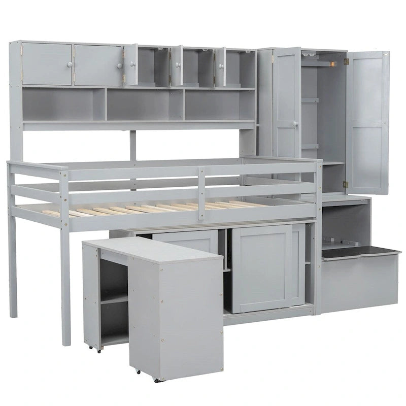 Twin Size Wood Loft Bed with Under-bed Desk and Drawers