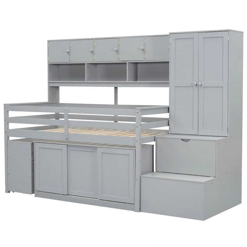 Twin Size Wood Loft Bed with Under-bed Desk and Drawers