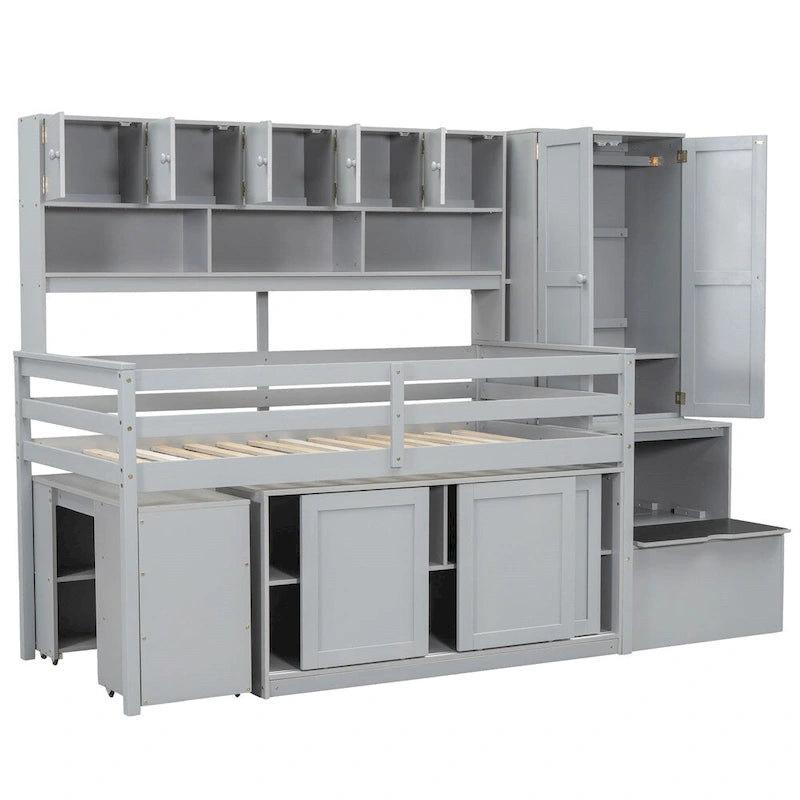 Twin Size Wood Loft Bed with Under-bed Desk and Drawers