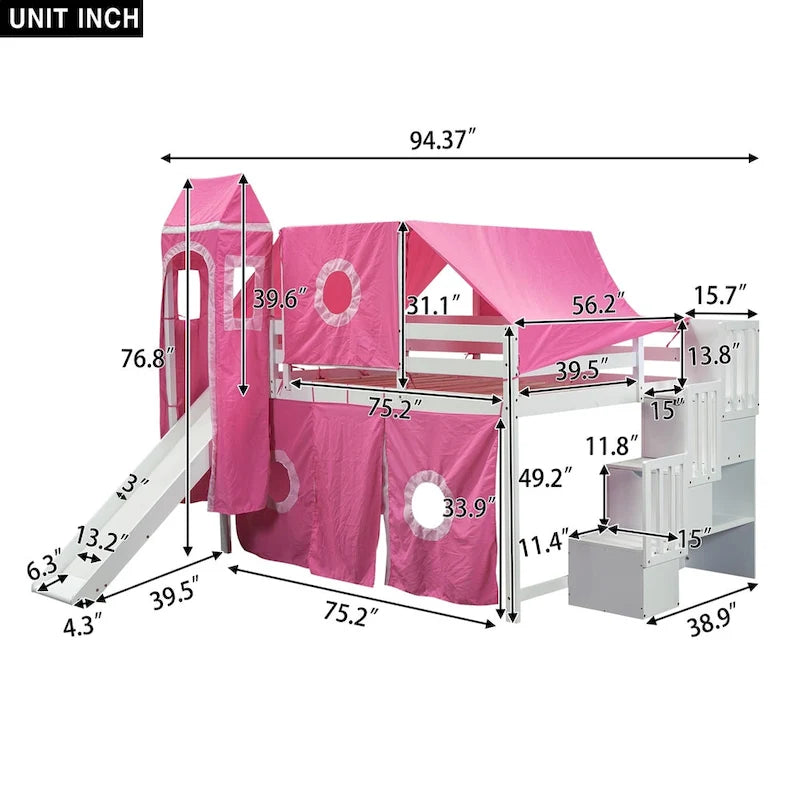 Full/Twin Loft Bed with Tent and Tower