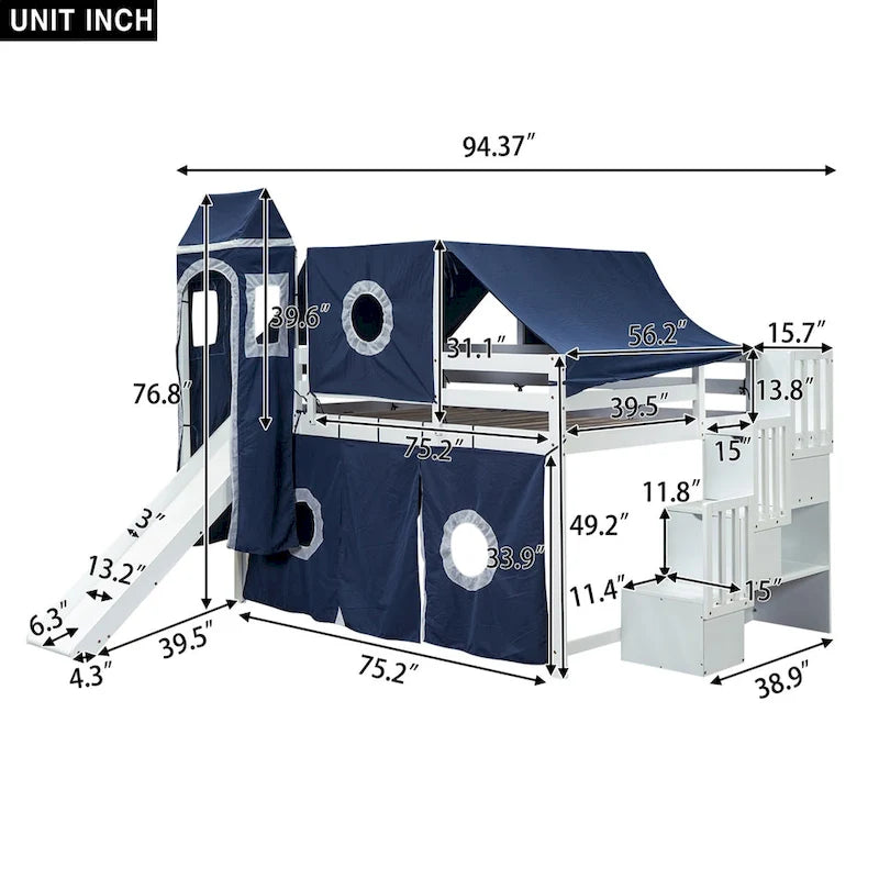 Full/Twin Loft Bed with Tent and Tower