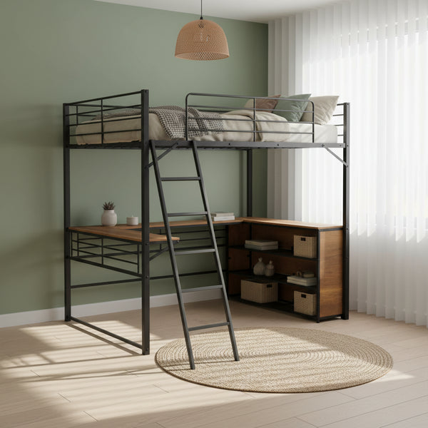 Full Size Metal Loft Bed with 3 Layers of Shelves and L-Shaped Desk