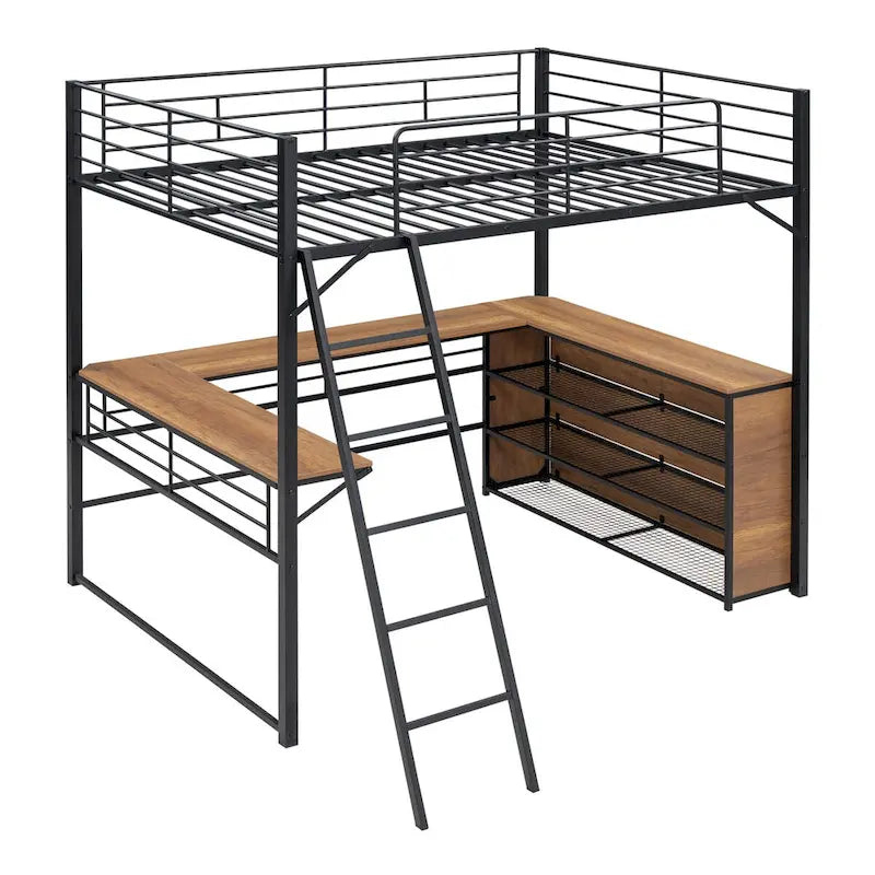 Full Size Metal Loft Bed with 3 Layers of Shelves and L-Shaped Desk