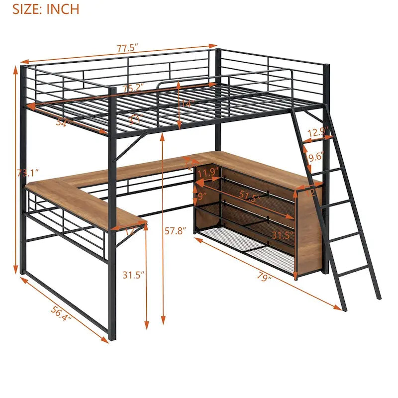 Full Size Metal Loft Bed with 3 Layers of Shelves and L-Shaped Desk