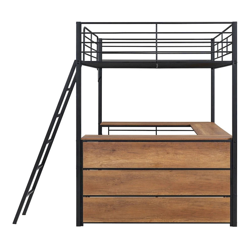 Full Size Metal Loft Bed with 3 Layers of Shelves and L-Shaped Desk