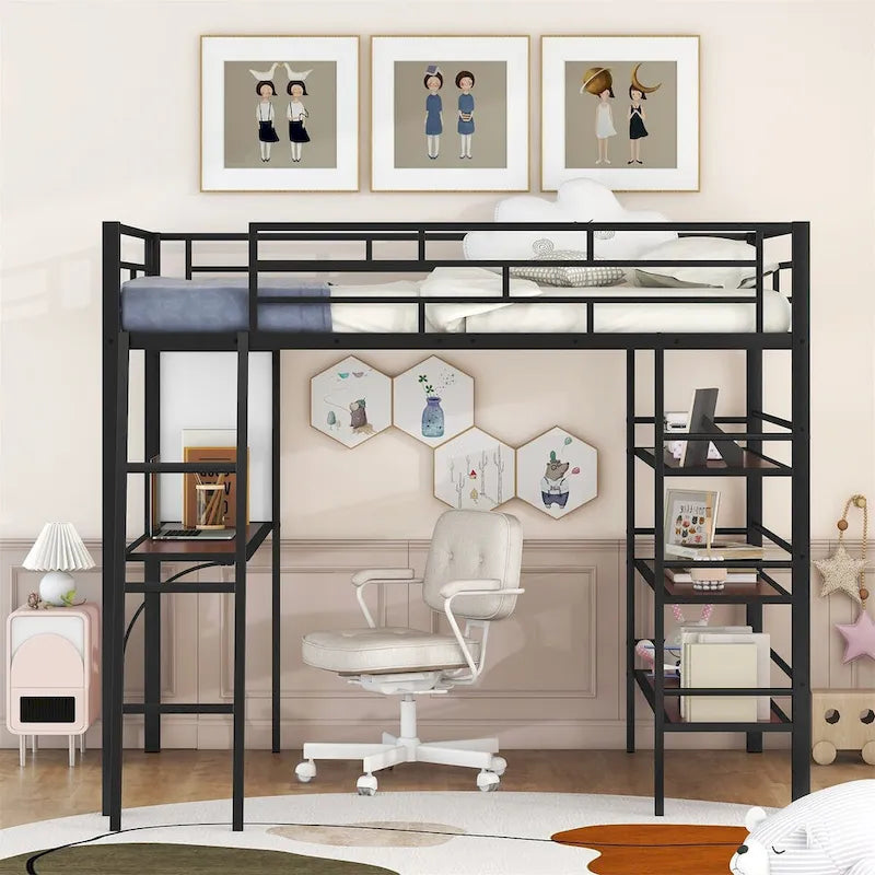 Full Size Loft Metal Bed with 3 Layers of Shelves and Desk