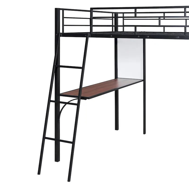 Full Size Loft Metal Bed with 3 Layers of Shelves and Desk