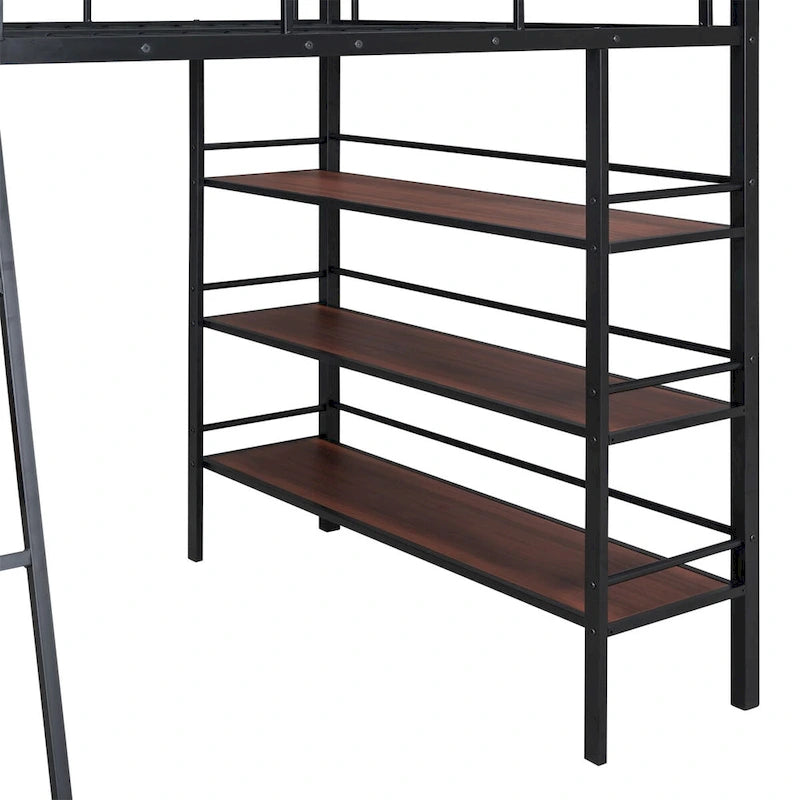 Full Size Loft Metal Bed with 3 Layers of Shelves and Desk