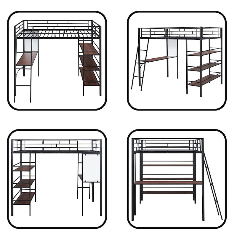 Full Size Loft Metal Bed with 3 Layers of Shelves and Desk