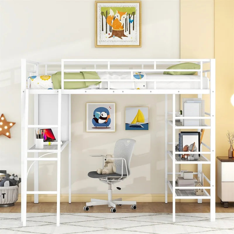Full Size Loft Metal Bed with 3 Layers of Shelves and Desk