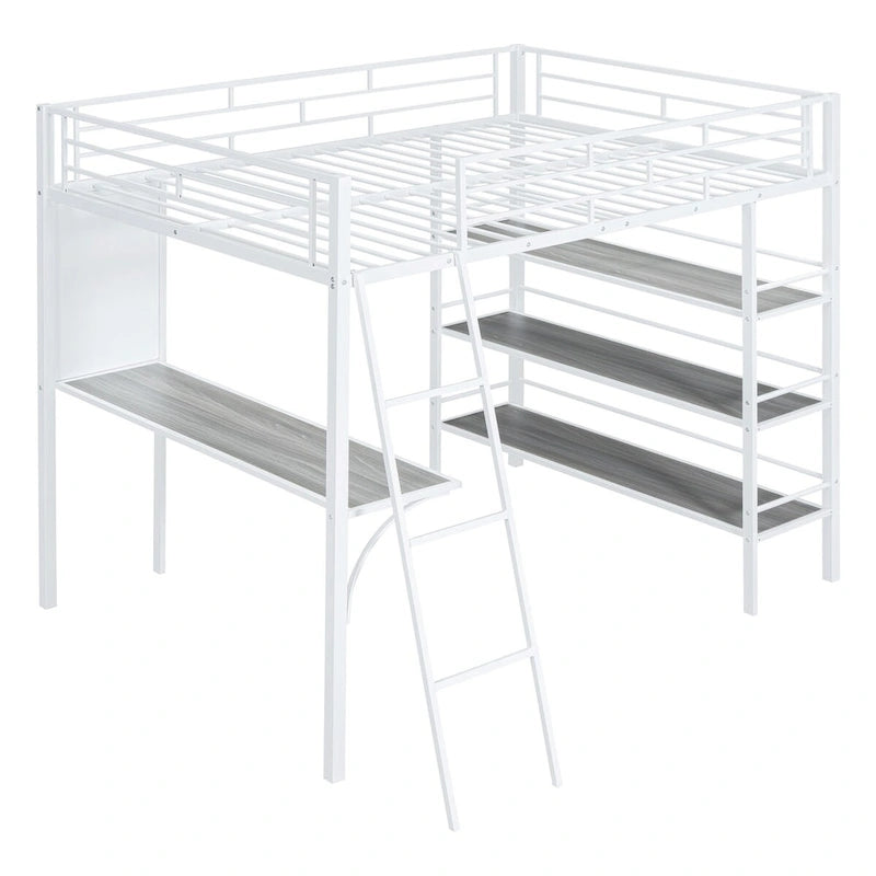 Full Size Loft Metal Bed with 3 Layers of Shelves and Desk