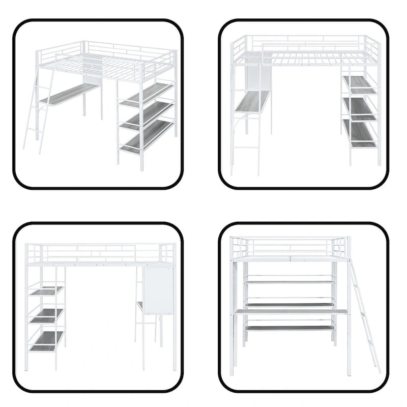 Full Size Loft Metal Bed with 3 Layers of Shelves and Desk