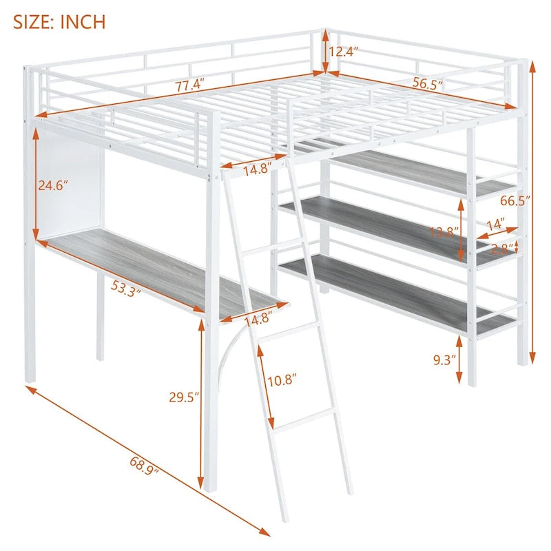 Full Size Loft Metal Bed with 3 Layers of Shelves and Desk