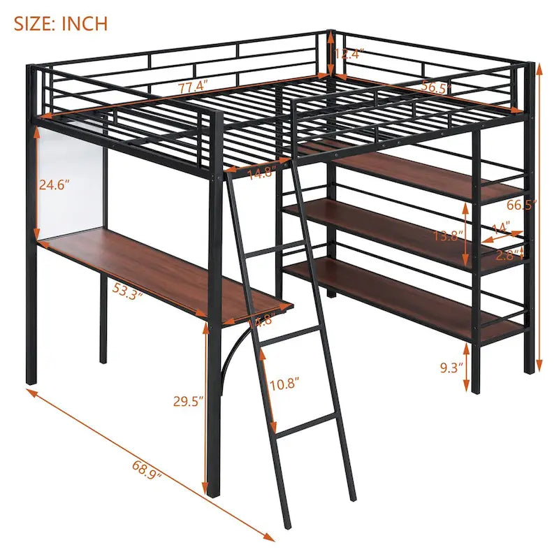 Full Size Loft Metal Bed with 3 Layers of Shelves and Desk