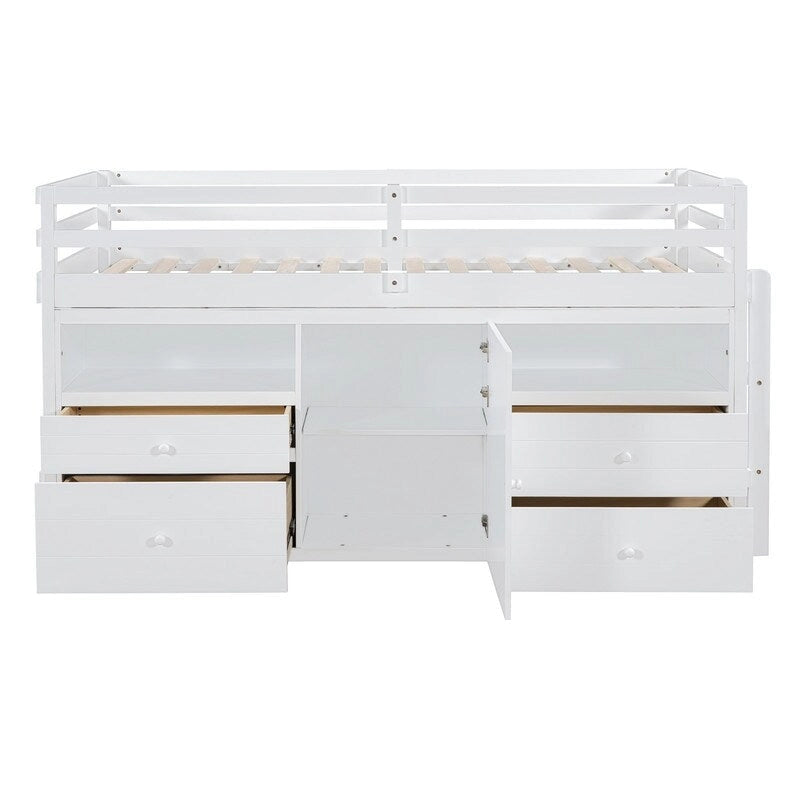 Twin Size Loft Bed with 4 Drawers, Underneath Cabinet and Shelves