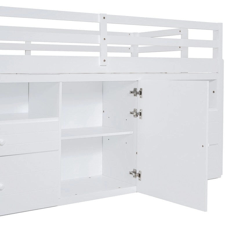 Twin Size Loft Bed with 4 Drawers, Underneath Cabinet and Shelves