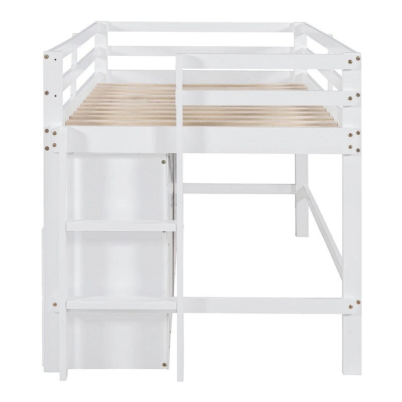 Twin Size Loft Bed with 4 Drawers, Underneath Cabinet and Shelves