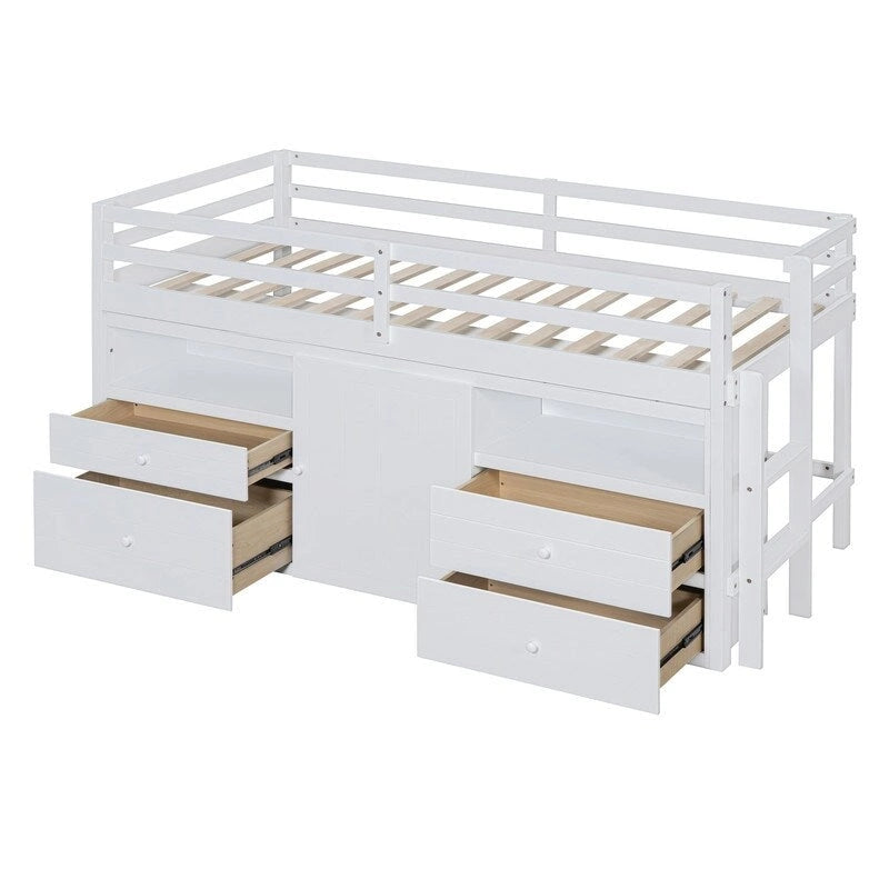 Twin Size Loft Bed with 4 Drawers, Underneath Cabinet and Shelves