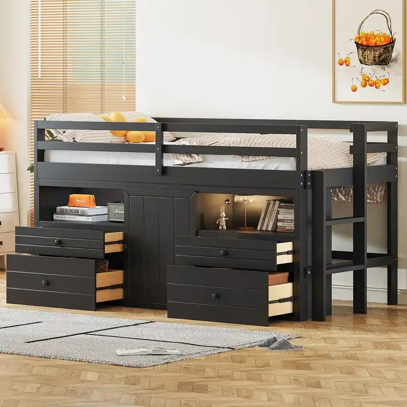 Twin Size Loft Bed with 4 Drawers, Underneath Cabinet and Shelves