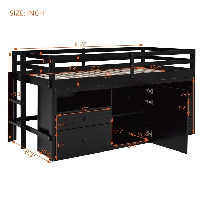 Twin Size Loft Bed with 4 Drawers, Underneath Cabinet and Shelves