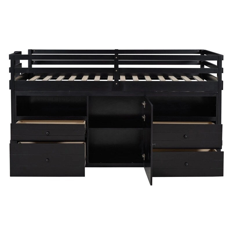 Twin Size Loft Bed with 4 Drawers, Underneath Cabinet and Shelves