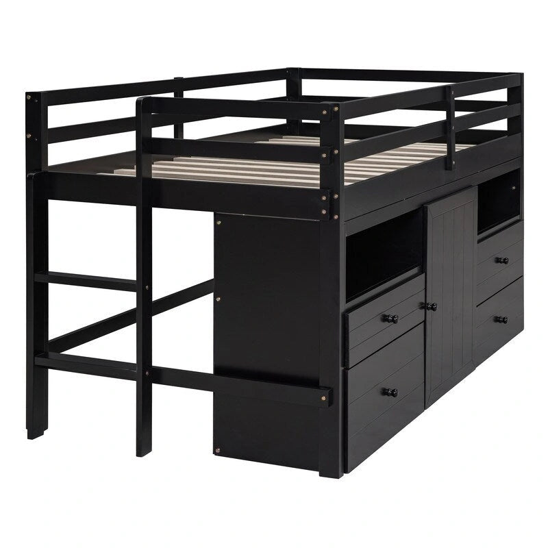 Twin Size Loft Bed with 4 Drawers, Underneath Cabinet and Shelves