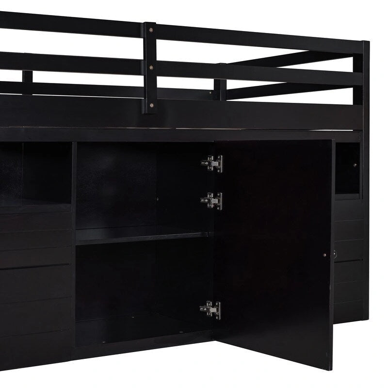Twin Size Loft Bed with 4 Drawers, Underneath Cabinet and Shelves